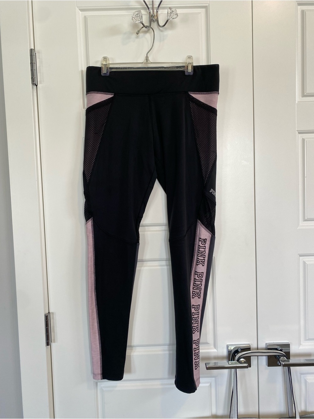 PINK Black Leggings with Light Pink Logo Side Stripe